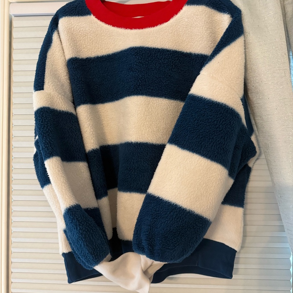 Maeve Crew Neck fleece in Blue and Cream with Bold Stripes